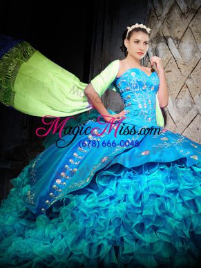 Latest Sweetheart Sleeveless Organza Vestidos de Quinceanera Embroidery and Ruffles Brush Train Lace Up