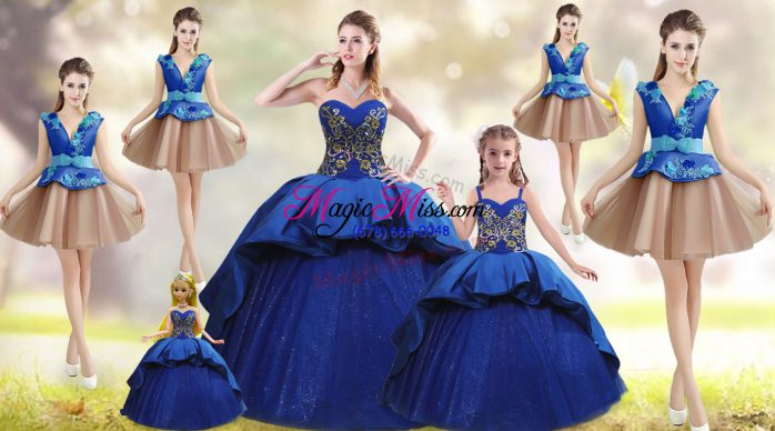 Comfortable Sleeveless Beading and Appliques and Embroidery Lace Up Sweet 16 Dresses with Blue Court Train