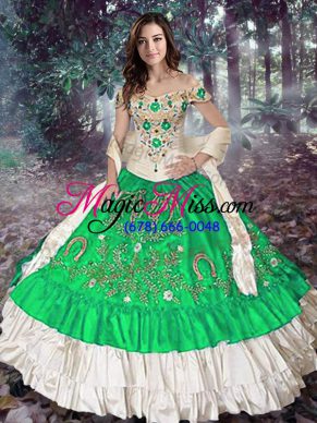 Sleeveless Taffeta Floor Length Lace Up Quince Ball Gowns in Green with Embroidery and Ruffled Layers