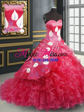 Graceful Coral Red Ball Gowns Sweetheart Sleeveless Organza Brush Train Lace Up Embroidery and Ruffled Layers Ball Gown Prom Dress