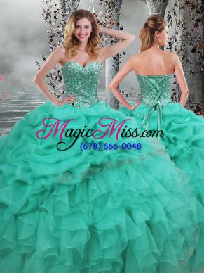 Luxury Turquoise Lace Up Quince Ball Gowns Beading and Ruffles Sleeveless Floor Length