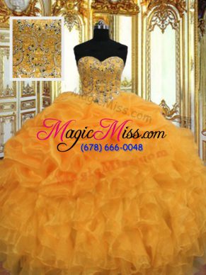 Floor Length Lace Up Sweet 16 Dresses Orange for Military Ball and Sweet 16 and Quinceanera with Beading and Ruffles