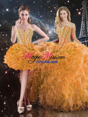 Orange Ball Gowns Sweetheart Sleeveless Organza Floor Length Lace Up Beading and Ruffles Sweet 16 Dresses