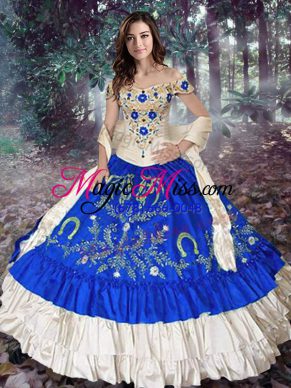 Adorable Royal Blue Ball Gowns Embroidery and Ruffled Layers 15 Quinceanera Dress Lace Up Taffeta Sleeveless Floor Length