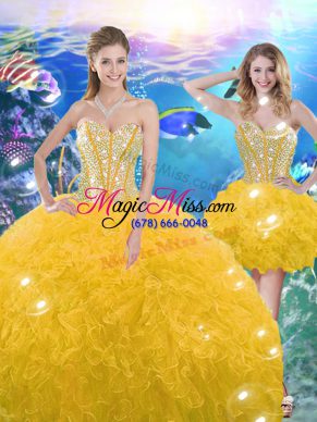 Gold Sleeveless Floor Length Beading and Ruffles Lace Up Quinceanera Dresses