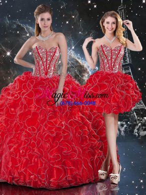 Beading and Ruffles Sweet 16 Quinceanera Dress Wine Red Lace Up Sleeveless Floor Length