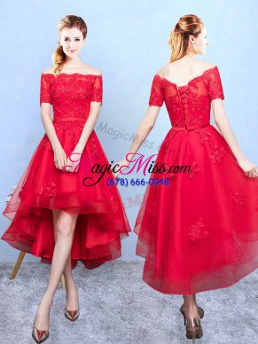 Trendy Wine Red Half Sleeves High Low Appliques Lace Up Wedding Party Dress