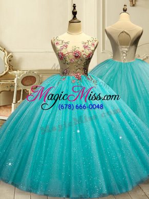 Aqua Blue Tulle Lace Up Scoop Sleeveless Floor Length 15th Birthday Dress Appliques and Sequins