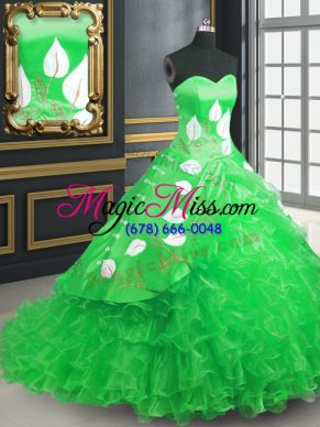 Sweet Lace Up Quinceanera Gown Green for Military Ball and Sweet 16 and Quinceanera with Embroidery and Ruffles Brush Train