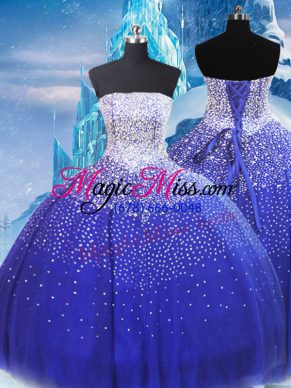 High End Blue Quinceanera Dress Military Ball and Sweet 16 and Quinceanera with Beading Strapless Sleeveless Lace Up