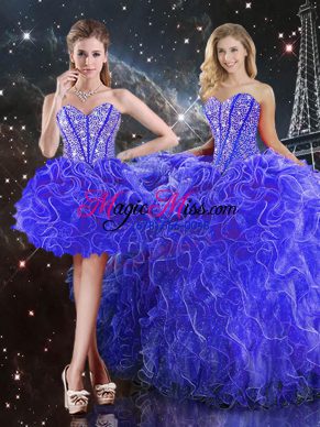 Exquisite Blue Organza Lace Up 15 Quinceanera Dress Sleeveless Floor Length Beading and Ruffles