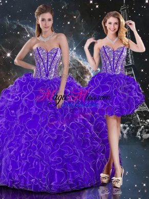 Purple Sleeveless Organza Lace Up 15 Quinceanera Dress for Military Ball and Sweet 16 and Quinceanera