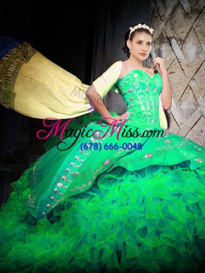 Most Popular Green Lace Up Quinceanera Dresses Embroidery and Ruffles Sleeveless With Brush Train