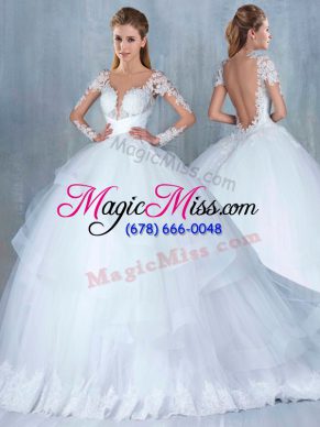 Suitable White Bridal Gown Tulle Court Train Long Sleeves Lace and Appliques and Ruffles