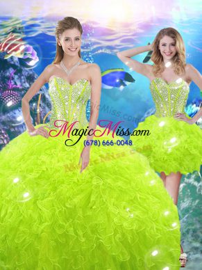 Shining Floor Length Yellow Green Quinceanera Gown Organza Sleeveless Beading and Ruffles