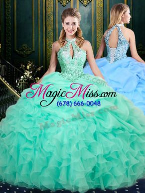 Ideal Sleeveless Organza Floor Length Lace Up Quince Ball Gowns in Apple Green with Beading and Ruffles and Pick Ups