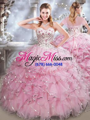 Spectacular Sweetheart Sleeveless Sweet 16 Dresses Floor Length Beading and Ruffles Baby Pink Organza