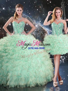 Flirting Sleeveless Floor Length Beading and Ruffles Lace Up Quinceanera Dresses with Apple Green