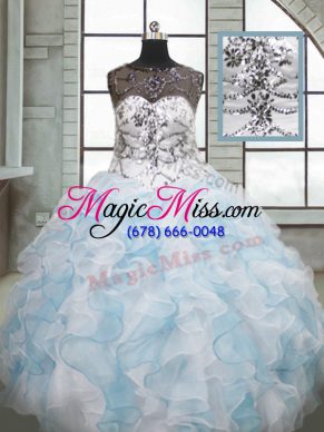 Fine Blue And White Organza Lace Up Scoop Sleeveless Floor Length Sweet 16 Dresses Beading and Ruffles