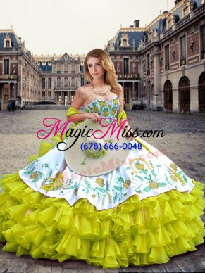 Yellow Green Lace Up Sweet 16 Quinceanera Dress Embroidery and Ruffled Layers Sleeveless Floor Length