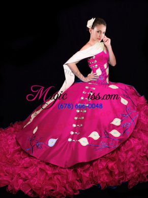 Fuchsia Ball Gowns V-neck Sleeveless Taffeta Brush Train Lace Up Embroidery and Ruffles 15 Quinceanera Dress