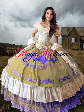 Taffeta Off The Shoulder Sleeveless Brush Train Lace Up Embroidery and Ruffled Layers Sweet 16 Quinceanera Dress in Multi-color