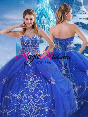 High Quality Floor Length Lace Up Quinceanera Gown Blue for Military Ball and Sweet 16 and Quinceanera with Beading and Appliques