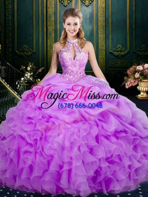 Sleeveless Organza Floor Length Lace Up Vestidos de Quinceanera in Lilac with Beading and Ruffles and Pick Ups