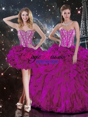 Edgy Sweetheart Sleeveless 15 Quinceanera Dress Floor Length Beading and Ruffles Fuchsia Organza