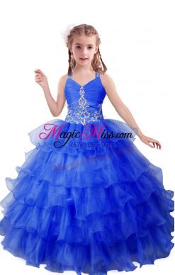 Organza V-neck Sleeveless Zipper Beading and Ruffled Layers Little Girl Pageant Gowns in Blue