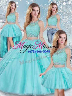 Modern Aqua Blue Sweet 16 Quinceanera Dress Military Ball and Sweet 16 and Quinceanera with Lace and Sequins Scoop Sleeveless Clasp Handle