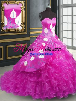 Discount Fuchsia Ball Gowns Organza Sweetheart Sleeveless Embroidery and Ruffles Lace Up Quinceanera Gowns Brush Train