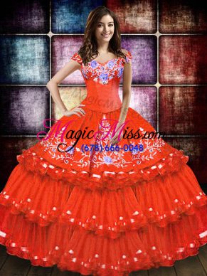 Embroidery and Ruffled Layers Ball Gown Prom Dress Orange Red Lace Up Sleeveless Floor Length