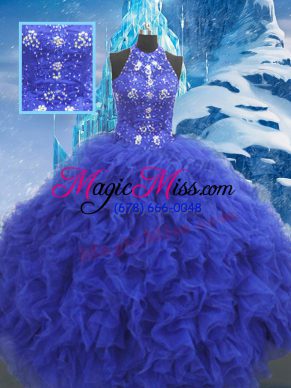 Floor Length Blue Ball Gown Prom Dress Organza Sleeveless Beading and Ruffles