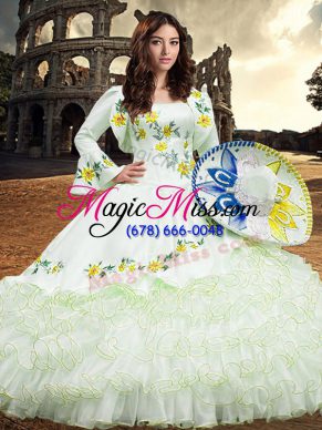 Latest White Square Lace Up Embroidery and Ruffled Layers 15th Birthday Dress Long Sleeves