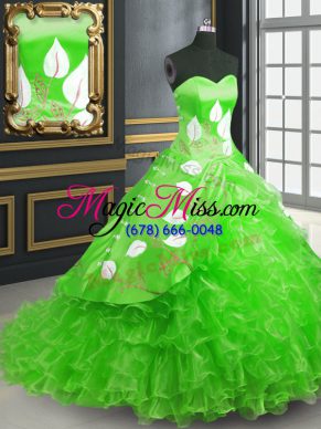 Unique Green Quinceanera Dresses Military Ball and Sweet 16 and Quinceanera with Embroidery Sweetheart Sleeveless Brush Train Lace Up