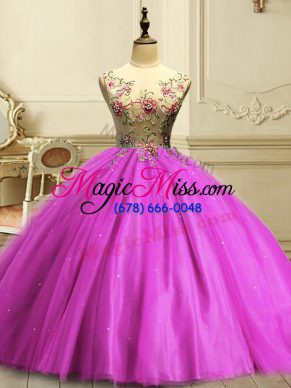 Decent Fuchsia Ball Gowns Appliques and Sequins Ball Gown Prom Dress Lace Up Tulle Sleeveless Floor Length