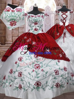 Super Taffeta Off The Shoulder Sleeveless Lace Up Embroidery and Ruffled Layers Quince Ball Gowns in White And Red