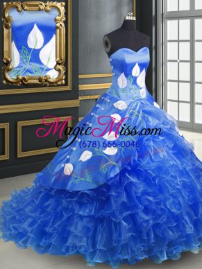 Lace Up 15 Quinceanera Dress Blue for Military Ball and Sweet 16 and Quinceanera with Embroidery and Ruffles Brush Train