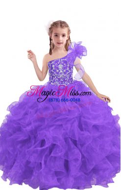 Trendy Floor Length Lilac Kids Pageant Dress One Shoulder Sleeveless Lace Up