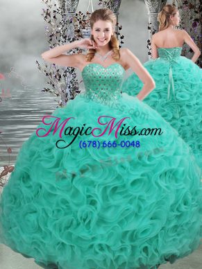 High Quality Sleeveless Fabric With Rolling Flowers Brush Train Lace Up 15th Birthday Dress in Turquoise with Beading