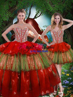 Wine Red Sleeveless Floor Length Beading and Ruffled Layers Lace Up Sweet 16 Quinceanera Dress