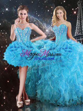 Floor Length Lace Up Quince Ball Gowns Aqua Blue for Military Ball and Sweet 16 and Quinceanera with Beading and Ruffles