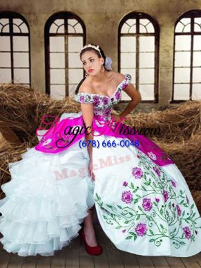 Delicate Multi-color Ball Gowns Off The Shoulder Sleeveless Taffeta Floor Length Lace Up Embroidery and Ruffled Layers Quinceanera Dress