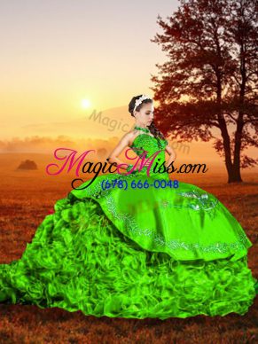 Spectacular Green Ball Gowns Organza Sweetheart Sleeveless Embroidery and Ruffles Lace Up Quince Ball Gowns Brush Train