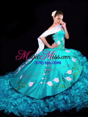 Sumptuous Aqua Blue Sweet 16 Dresses Organza Brush Train Sleeveless Embroidery and Ruffles