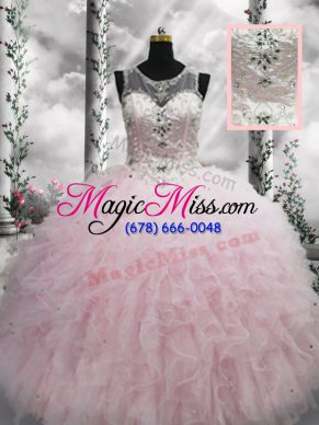 Beading and Ruffles Ball Gown Prom Dress Baby Pink Lace Up Sleeveless Floor Length