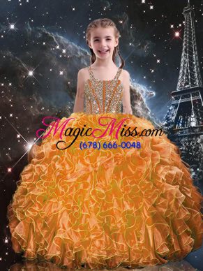 Admirable Orange Red Ball Gowns Organza Straps Sleeveless Beading and Ruffles Floor Length Lace Up Child Pageant Dress