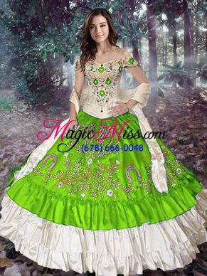 Romantic Ball Gowns Off The Shoulder Sleeveless Taffeta Floor Length Lace Up Embroidery and Ruffled Layers 15th Birthday Dress