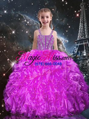 High Class Fuchsia Ball Gowns Organza Straps Sleeveless Beading and Ruffles Floor Length Lace Up Little Girls Pageant Gowns